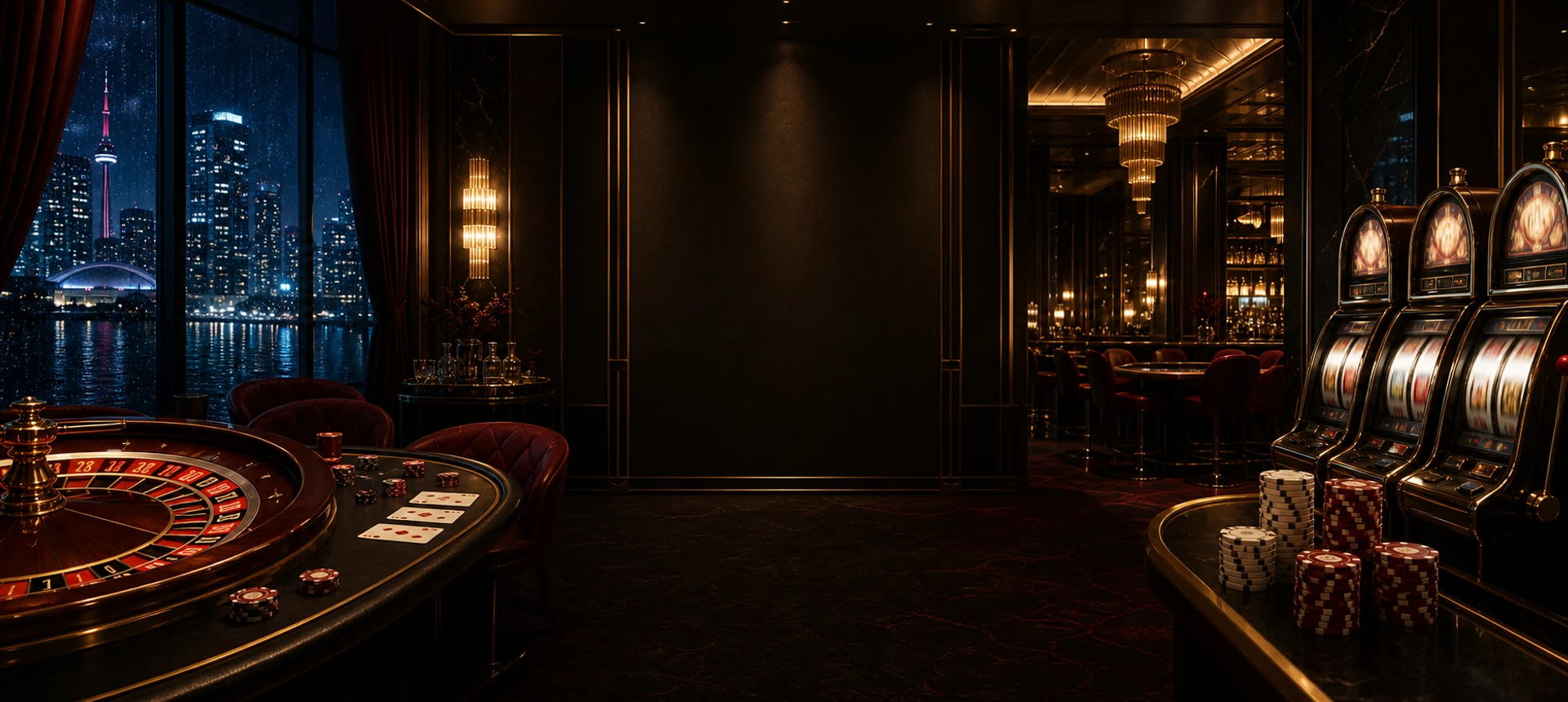 Art-deco casino floor with roulette, cards, chips and slot machines